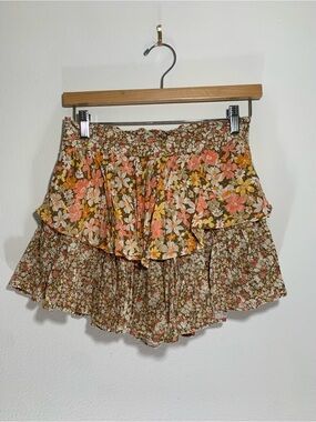 American Eagle Outfitters Floral Tiered Mini Skirt in Brown, Coral & Olive